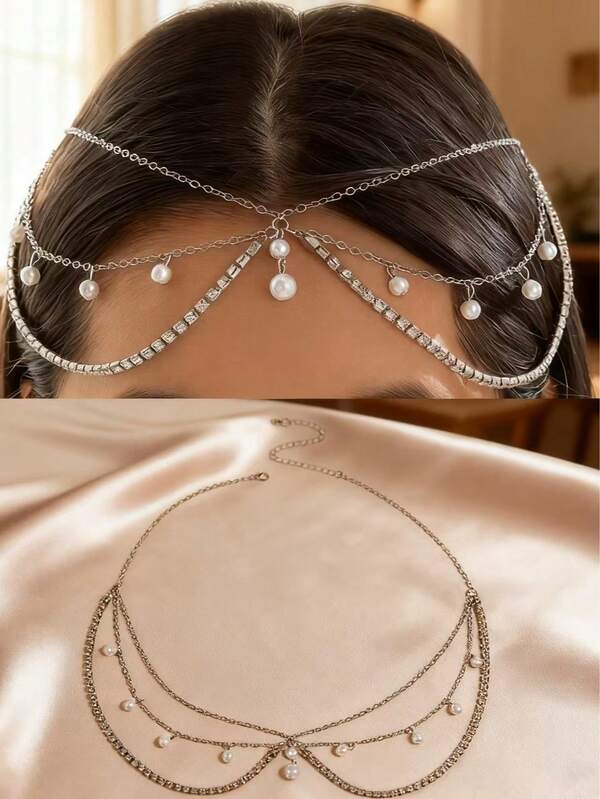 1 pieza Diadema minimalista y elegante con cadena de hierro, borlas, perlas falsas y cadena de cristal de rinoceronte, adecuada para uso diario, bodas, fiestas y vacaciones (cadena hecha a mano personalizada por tamaño, la cantidad de cuentas circulares puede variar)