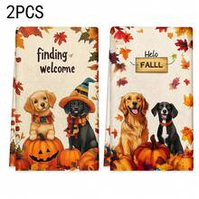 2pcs/100pcs Thanksgiving Autumn Pumpkin And Dog Print Pattern Kitchen Towel Set, Suitable For Restaurant, Kitchen, Bathroom Interior Decoration, Party Decoration, Holiday Gift, Can Be Given As A Thanksgiving Gift - Multicolor - View 12