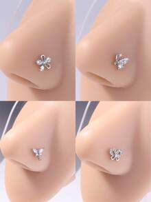 1PC/4PCS Butterfly And Flower L-Shaped Nose Studs – Sparkly CZ Nose Pins Piercing Jewelry For Women Girls Daily Wear