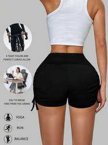 1 chiếc quần legging yoga dáng lửng 2/3, có dây rút bên hông, không nhăn, quần short thường ngày đa năng. - màu đen - Xem 3