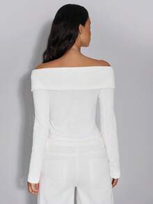 TypaGal Fall Autumn Winter Casual Sporty Sexy Chic Modern Going Out Elegant White Knitted Off-Shoulder Tight Fit Women Christmas New Year Warm T-Shirt - White - View 2