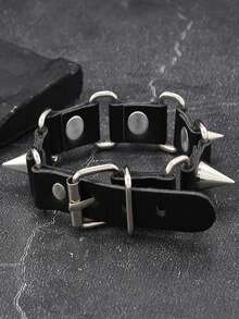 1 pieza Brazalete de cuero de estilo punk personalizado, accesorio de muñequera de cuero con remaches de calavera minimalista y feroz de estilo hip hop - Negro - Ver 2