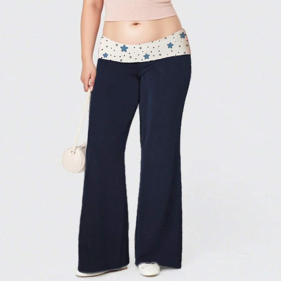 Plus Size Light Pink Star Pattern Flare Pants, Soft Fabric Elastic Waist,  Casual Daily Wear Trousers For Women - Màu xanh hải quân - Xem 1