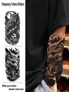 2 piezas de grandes tatuajes temporales de media manga con diseños del Bosque Negro, unisex con búho, calavera y esqueleto de la muerte, adecuados para adultos