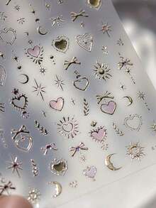 1pc Gold Totem Pink Heart Nail Art Stickers, Holographic Nail Decals, Nail Art Design, Rhinestones, 5D Self-Adhesive, Nail Accessories Women, Aesthetic Nail Art - 多色 7 - 查看 9