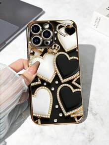 1pc Black TPU Electroplated Heart Pattern Shockproof Phone Case & 1pc Black Electroplated Rhinestone Heart Matching Phone Case, Interesting Phone Case