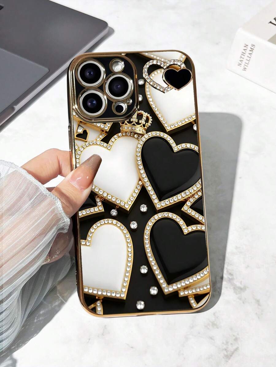 1pc Black TPU Electroplated Heart Pattern Shockproof Phone Case & 1pc Black Electroplated Rhinestone Heart Matching Phone Case, Interesting Phone Case