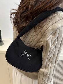 1 件黑色灯芯绒面料顺滑拉链抽绳肩带设计蝴蝶结刺绣时尚百搭休闲纯色简约新款秋冬独特单肩包，适合女性日常使用 - 黑色 - 查看 2