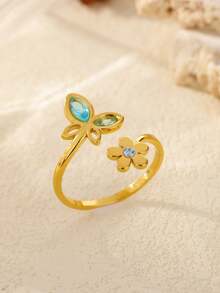 1PC Exquisite Crown Lotus Flower Rings For Women Gold Plated Stainless Steel Blue Opal Ring Wedding Engagement Jewelry Gift - 1 - View 10