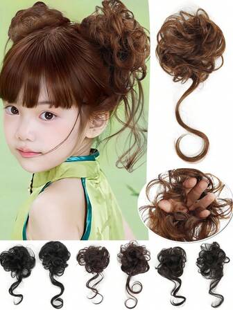 10 Inch Children's Bun Hair Extension Wig Children's Wig Elastic Rubber Band Style Fluffy Messy Bun Wig Hair Accessory Wig Synthetic Heat-Resistant Fiber Wig Suitable For Girls Daily Holiday Wear
