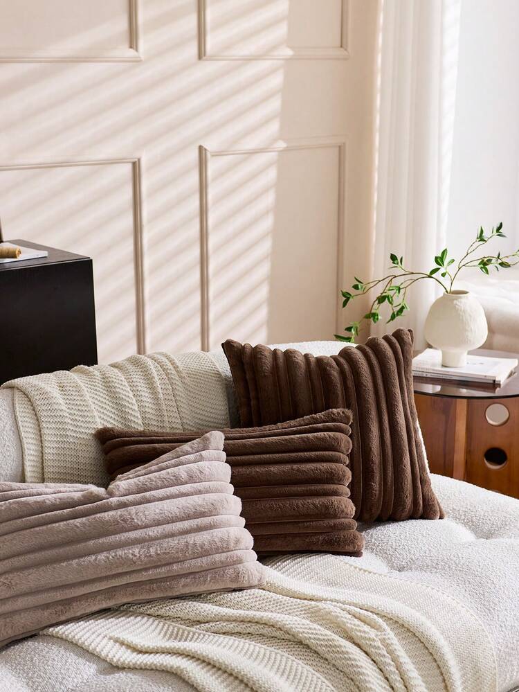 1pc Brown Textured Thick & Thin Stripe Rabbit Fur Decorative Throw Pillow Cover, Jacquard Rabbit Fur Front, Plush Velvet Reverse, Square Cushion Sham, Holiday Home Decor Pillow Case, Soft Velvet Fabric, Modern Decor For Sofa, Bedroom - Brown - View 7