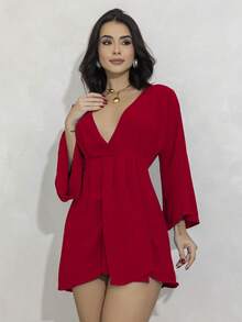 Women's Short Dress Long Sleeve Flare Duna Loose Sensual Neckline Foreign Fashion 2025 - Đỏ - Xem 1