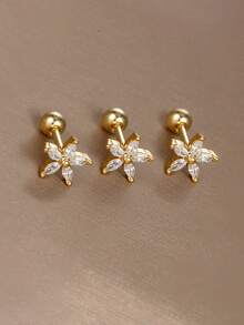 3件組不鏽鋼馬眼形CZ花瓣花朵槓鈴螺絲球平背耳釘，18K鍍金女性軟骨穿刺飾品 - Gold-2# - 查看 4