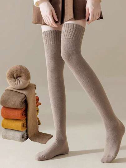 12-16 Years Children's Socks Girls Students Winter Warm Long Tube Thick High Tube Over Knee Knee-Length Socks Terry Solid Color Calf Leg Socking Gifts