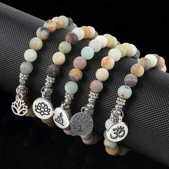 Pulsera de cuentas de piedra natural con colgantes de árbol de la vida, loto, Buda y Om, adecuada para yoga, meditación y uso espiritual, unisex