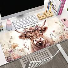 Großer Blumen-Kuh-Krone Schreibtischunterlage - rutschfeste Gummi Gaming Mausunterlage und Büro Tastaturunterlage, mit blassen Blumen, geeignet als Geschenk für Teenager und Geliebte