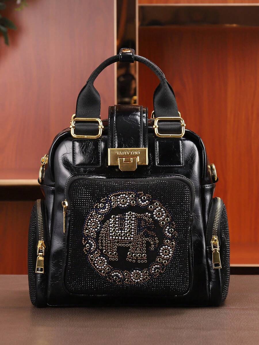 Bolso de mano negro para mujer con patrón de diamantes calientes con elefante y cremallera dorada. Mochila de gran capacidad. Estilo de moda de lujo multifuncional con múltiples bolsillos. Adecuado para fiestas, cenas, actividades al aire libre y viajes.