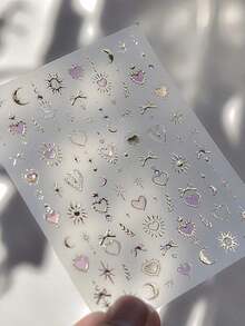 1pc Gold Totem Pink Heart Nail Art Stickers, Holographic Nail Decals, Nail Art Design, Rhinestones, 5D Self-Adhesive, Nail Accessories Women, Aesthetic Nail Art - 多色 7 - 查看 11