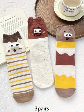 3 双富有表现力的眼睛设计袜子，3D 娃娃风格腿部保暖，适合所有季节，休闲女士袜子，舒适醒目的袜子