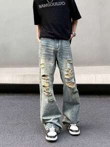 American High Street Retro Ripped Jeans For Men, Loose Straight Leg, Rugged And Handsome, Slightly Flared Design, Beggar Pants