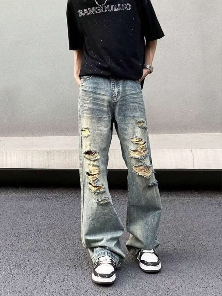 American High Street Retro Ripped Jeans For Men, Loose Straight Leg, Rugged And Handsome, Slightly Flared Design, Beggar Pants