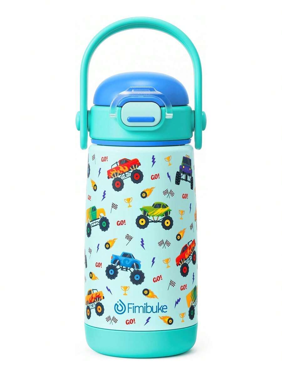 1PCS Kids Insulated Water Bottle With Straw Lid & Handle - 14oz 18/8 Stainless Steel Metal Tumbler Leak Proof Double Wall Vacuum Kids Cup Water Bottle For School Boys Girls - Monster Trucks - 查看 1