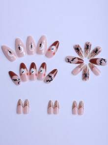 24 piezas de uñas postizas con forma de almendra en caja de regalo, con diseños creativos de Halloween como telaraña negra, murciélago, fantasma blanco, luna, gato negro, etc. Incluye 1 pieza de lima y 1 pieza de pegamento de gelatina. - Multicolor - Ver 3