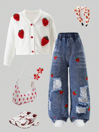 2pcs/Set Young Girls Cute Strawberry Decor V-Neck Cardigan + Embroidered Strawberry Distressed Casual Pants
