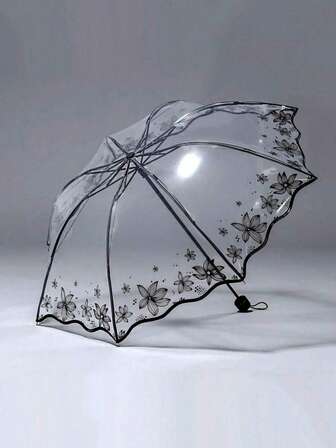 1pc Floral Pattern Transparent Umbrella (Black/White), Ladies Umbrella, Suitable For School, Office, Home, Travel, Back To School