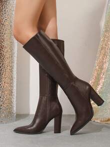 大码女士时尚办公室派对宴会靴，过膝高跟休闲步行靴，秋冬时装秀粗跟高筒靴，踝靴 - 棕色 - 查看 2