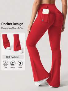 YEOREO Flare Leggings With Pockets For Women Butt Lifting Gym Yoga Leggings Flare Leggings Joggers For Women Summer Pants For Women - 大紅 - 查看 11