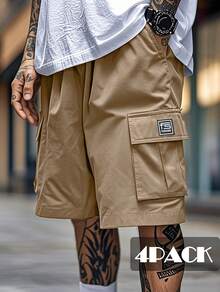 4-Pack Men's Summer Cargo Shorts - Non-Stretch Fabric, Geometric Pattern, Regular Fit And Multi-Pocket Design, Suitable For Outdoor Sports, Street Style, Travel And Leisure Travel, Durable Material, A Must-Have Street Wear In Summer - 卡其+灰+藍+黑 - 查看 5