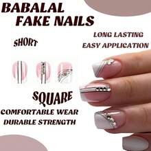 Square Press On Nails Short Fake Nails White French Acrylic Nails Squoval Glue On Nails 24Pcs False Nails For Women And Girls - 多色24 - 查看 5