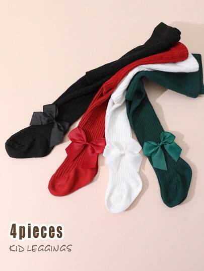 4 أزواج من جوارب بناتية للأطفال الرضع/الصغار مزينة بالفيونكة والخطوط الرأسية، كلاسيكية متعددة الاستخدامات تناسب الارتداء اليومي للبنات