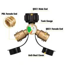 Divisor de tanque de propano de 2 vías con manómetro - Adaptador en Y de latón y válvula de cierre para estufas de camping, parrillas de barbacoa, calentadores y quemadores de gas