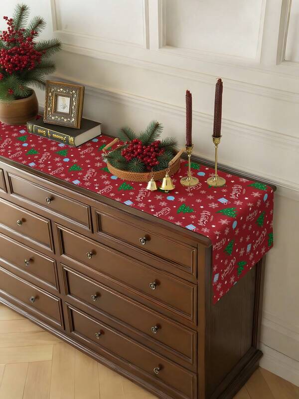 1pc Christmas Gift Christmas Snowman, Reindeer, Christmas Tree Atmosphere Decorative Red Plaid Table Runner, Atmosphere Home Decor Table Runner, Suitable For Living Room, Bedroom, Kitchen, Stain-Resistant Table Runner
