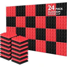 Acolchado Insonorizado,  24 Paquetes de Espuma Insonorizadora 25x25x5CM Paneles de Espuma Acústica Rojo y Negra, Ideales para Grabar en Estudios, Salas de TV, Habitaciones de Niños, Oficinas y Grabaciones de Podcasts