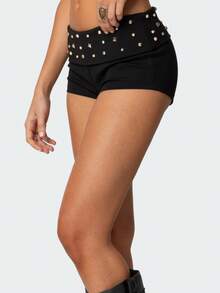 Women Studded Fold Over Shorts Y2k Low Waist Rivet Micro Shorts Slim Fit Boyshorts Goth Rave Mini Bottoms Party Clubwear - màu đen - Xem 2