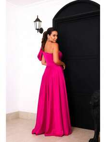 Vestido Longo Feminino Elegante Crepe Acetinado Uma Manga e Fenda festa mid - Fúcsia - Visão 2