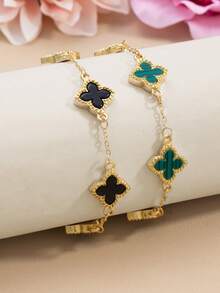 (2pcs/Set) 2pcs Simple And Stylish Lucky Clover Bracelet, Featuring Gold Dripping Four-Leaf Clover Charm Matching With White And Black Multilayer Chain Bracelet, Women's Copper Bangle Suitable For Daily Wear Such As Dating, Graduation, Back To School Season, Making Friends, And Parties Valentines,Mom,Mother,Mother's Day,Gift