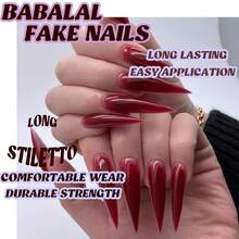 Press On Nails Long Stiletto Fake Nails Red Glue On Nails Burgundy Acrylic Nails Goth False Nails 24Pcs Manicure Stick On Nails Glossy Artificial Nails - 多色20 - 查看 7