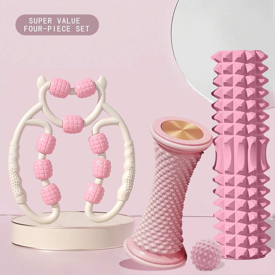 4-Piece Yoga Fitness Massage Set, Home Sports Yoga Massage Combination, Including Fascia Ball, Leg Clamp Massage Roller, Yoga Roller, Foot Massager, Suitable For Women's Yoga Fitness Gift - A - View 1