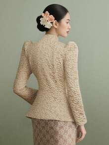 Women's Stand Collar Asymmetrical Design, Elegant 3D Floral Pattern Dignified Blouse