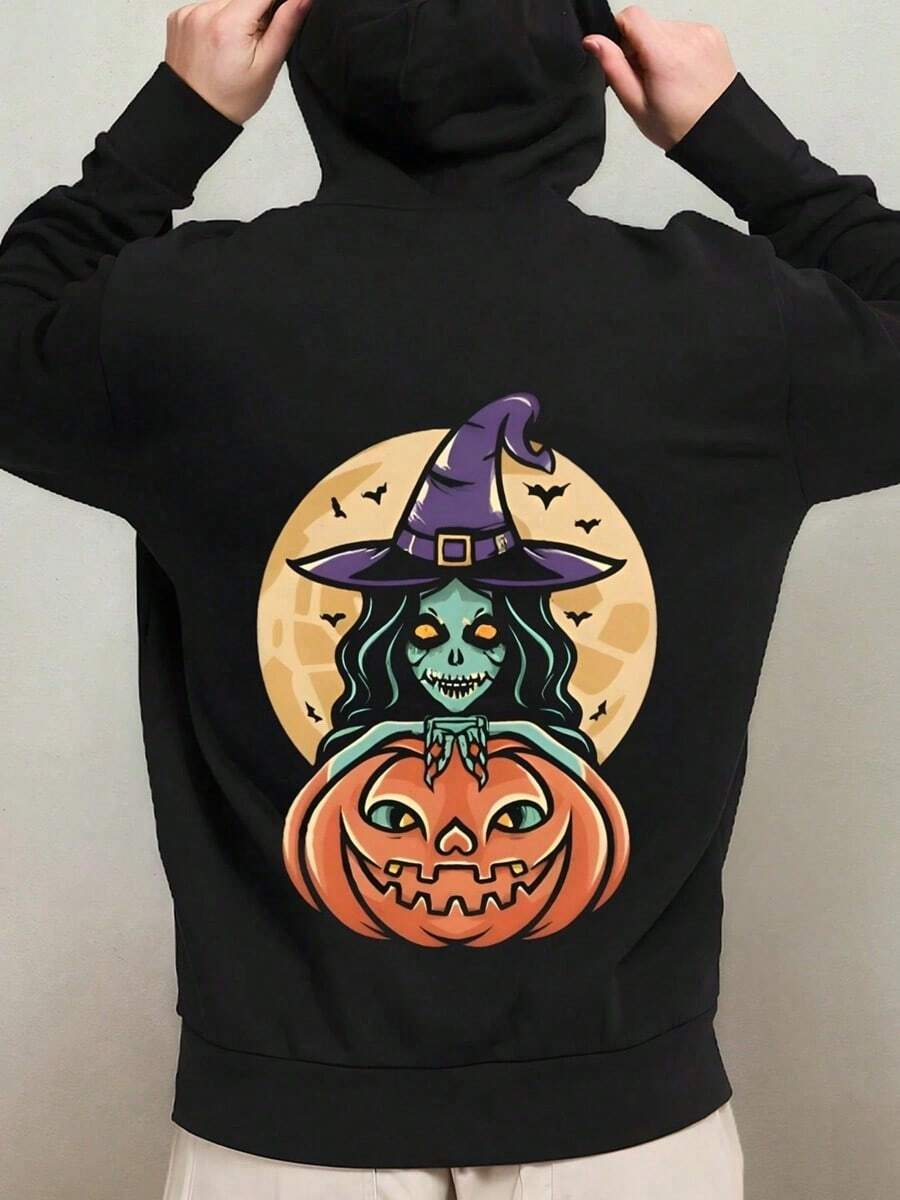 1pc Men'S & Women'S Halloween Oversized Skeleton & Jack-O'-Lantern Graphic Hooded Sweatshirt - Black & Orange Spooky Pullover, Soft Comfortable Fabric, Bold Digital Print, Unisex Couple Costume, Cfall Hoodies,Men's Fall Clothes,Street Wear,Halloween,Mens Hoodies,Y2k Clothes,Jesus Hoodie,Thanksgiving Day,Nightmare Before Christmas,Christmas,Basics,Christmas Sweatshirt,Thanksgiving Outfit Men,,Christmas Clothes,Winter Clothes For Men,Men Gifts - 黑色 - 查看 1