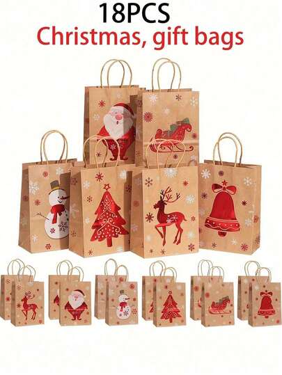 1/6/12/18pcs Christmas Gift Bags With Handles - Holiday Santa Claus,Christmas Snack Bags, Reindeer And Snowman Patterns,Red Santa Claus Pattern Paper Style Christmas Bags, Christmas Shopping Bags, Storage Bags, Tote Bags For Holiday Shopping And Party Gifts, Christmas Valentine Day,For Gift Packaging Shopping, Christmas Party Supplies, Christmas Bags.