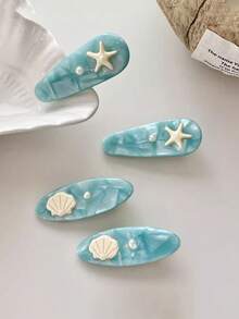2pcs Women's Cute Wave Starfish Shell Hair Clips, Bangs Clips, Seagreen Shell Starfish Acetate High-End Hair Accessories