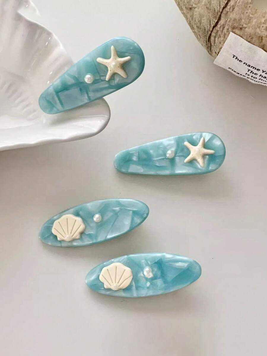 2pcs Women's Cute Wave Starfish Shell Hair Clips, Bangs Clips, Seagreen Shell Starfish Acetate High-End Hair Accessories