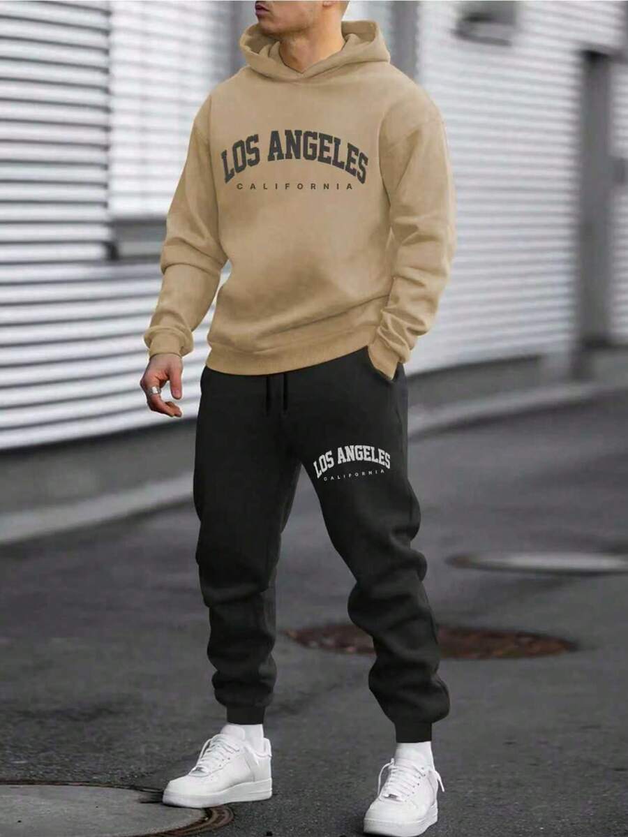 DIFFLAND 男士休闲舒适套装，简约印花图案，卡其色长袖连帽衫搭配修身运动裤，秋季穿搭