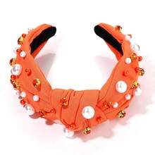 Pearl Knotted Headband For Women Game Day Hair Accessories Pearl Rhinestone Jeweled Hairband - 橘子A - 查看 4