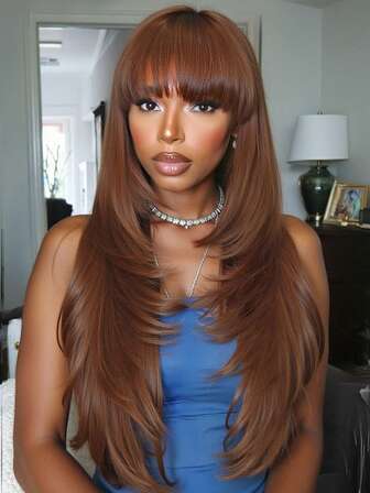 Long Layered Straight Wigs With Bangs For Women 24 Inch Glueless Realistic Synthetic Wig With Bangs Heat Resistant Natural Layered Wig For Girls Daily Party Cosplay